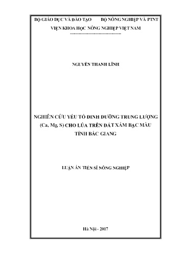 Luận án Nghiên cứu yếu tố dinh dưỡng trung lượng (Ca, Mg, S) cho lúa trên đất xám bạc màu tỉnh Bắc Giang