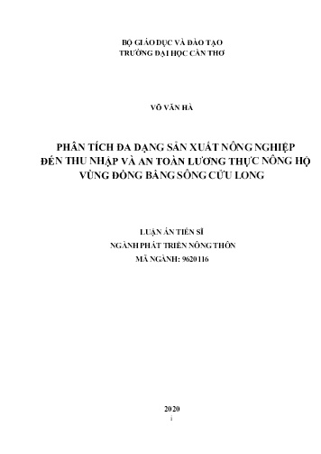 Luận án Phân tích đa dạng sản xuất nông nghiệp đến thu nhập và an toàn lương thực nông hộ vùng đồng bằng sông Cửu Long