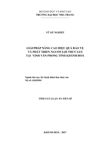 Tóm tắt Luận án Giải pháp nâng cao hiệu quả bảo vệ và phát triển nguồn lợi thuỷ sản tại vịnh Vân Phong tỉnh Khánh Hoà