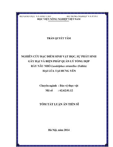 Tóm tắt Luận án Nghiên cứu đặc điểm sinh vật học, sự phát sinh gây hại và biện pháp quản lý tổng hợp rầy nâu nhỏ Laodelphax striatellus (Fallén) hại lúa tại Hưng Yên