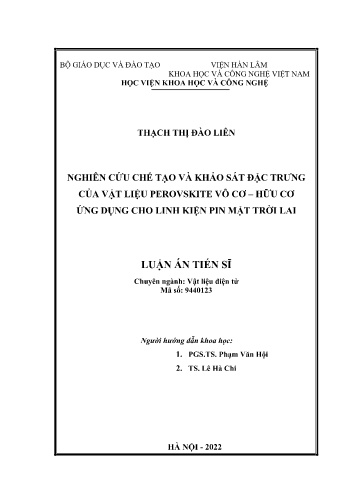 Luận án Nghiên cứu chế tạo và khảo sát đặc trưng của vật liệu perovskite vô cơ - hữu cơ ứng dụng cho linh kiện pin mặt trời lai Luận án Nghiên cứu chế tạo và khảo sát đặc trưng của vật liệu perovskite vô cơ - hữu cơ ứng dụng cho linh kiện pin mặt trời lai
